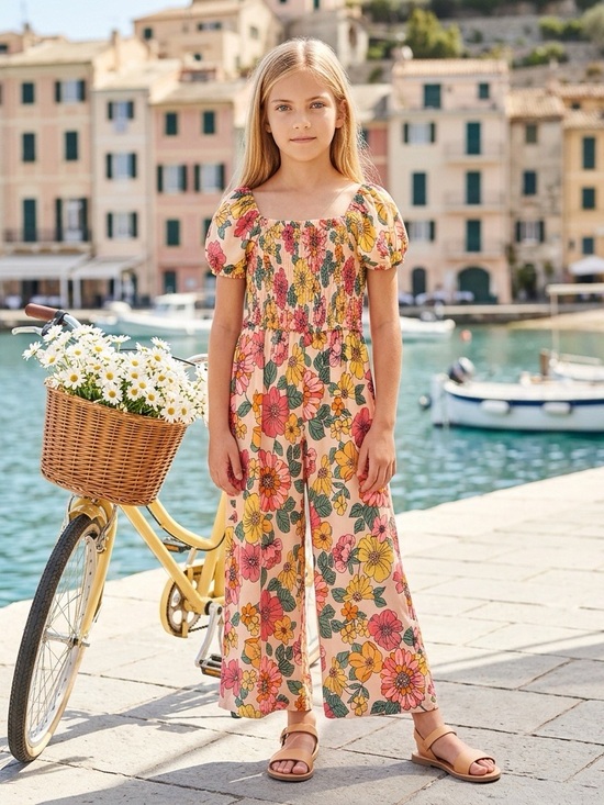 Fab Kids Other - FabKids Girls Size 8 Floral Smocked Puff Sleeve Wide Leg Jumper
